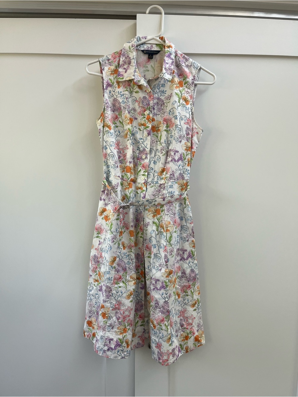 Brooks Brothers Sleeveless Floral Shirt Dress - White w/ Purple & Orange Blooms